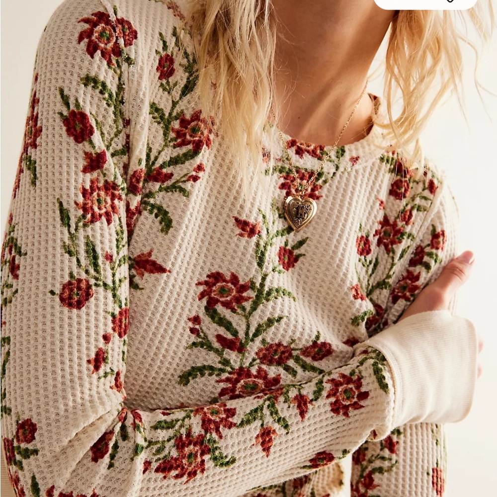 Free People Floral Long Sleeve Top - Cream and Red